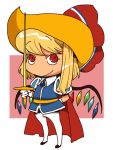  alternate_costume arm_behind_back blonde_hair brooch cape cosplay flandre_scarlet gloves hat jewelry musketeer onikobe_rin pantyhose princess_sapphire rapier red_eyes ribbon_no_kishi side_ponytail smile solo sword the_embodiment_of_scarlet_devil touhou weapon white_gloves white_legwear wings 