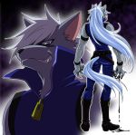  belt black_background blue_eyes dual_persona grin ink long_hair male pants precure sharp_teeth smile smile_precure! solo tail wauwa werewolf white_hair wolf_tail wolfrun 