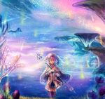  blue_eyes cape cloud elbow_gloves floating_island flower gloves hat head_wings highres looking_at_viewer melia nadir night night_sky partially_submerged scenery shooting_star silver_hair skirt sky smile solo staff star_(sky) thigh-highs thighhighs wading water xenoblade 
