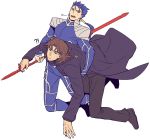  2boys bangs blue_hair brown_eyes brown_hair carrying carrying_under_arm cross cross_necklace earrings fate/stay_night fate_(series) flat_color gae_bolg jewelry kotomine_kirei lancer long_hair male multiple_boys necklace parted_bangs pauldrons polearm ponytail red_eyes spear weapon 