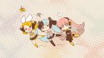  &gt;_&lt; 3girls ? animal armband blush boots butterfly chibi detached_sleeves dragonfly hatsune_miku headphones jumping kagamine_rin megurine_luka neckerchief necktie neko_sakana o_o socks strapless tentacles thigh_highs vocaloid 