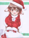  1girl absurdres bangs brown_hair christmas commentary_request dress fur-trimmed_dress fur-trimmed_headwear fur-trimmed_sleeves fur_trim gloves gradient_hair hat highres kantai_collection looking_at_viewer marker_(medium) multicolored_hair mutsuki_(kancolle) pantyhose red_dress red_gloves red_headwear redhead sack santa_costume santa_dress santa_hat short_hair solo traditional_media yuuki_chima 