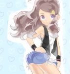  blue_eyes brown_hair denim denim_shorts hat long_hair mimizubare pokemon pokemon_(game) pokemon_bw ponytail shorts smile touko_(pokemon) vest 