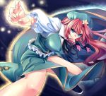  beret black_ribbon blue_eyes braid breasts chinese_clothes fighting_stance hair_ribbon hat hong_meiling kinntarou large_breasts long_hair red_hair redhead ribbon shoes smile solo star torn_clothes touhou twin_braids 