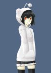  antennae black_hair hands_in_pockets hood hoodie pas_(paxiti) personification pleated_skirt red_eyes reddit short_hair simple_background skirt solo thigh-highs thighhighs zettai_ryouiki 