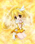  1girl blonde blonde_hair brown_eyes cure_peace dress electricity hair_ornament hairpin kise_yayoi kneeling long_hair magical_girl narimiya_momone precure shoes skirt smile smile_precure! solo yellow yellow_background yellow_dress 