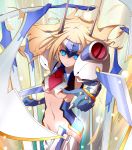  amder armor blade blazblue blonde_hair blue_eyes breasts elbow_gloves expressionless forehead_protector gloves highres long_hair mecha_musume mound_of_venus mu-12 navel necktie no_panties pauldrons pointing pointing_forward solo under_boob underboob 