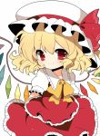  bad_id blonde_hair bow flandre_scarlet haru_(kyou) hat hat_bow red_eyes short_hair simple_background skirt skirt_set smile solo the_embodiment_of_scarlet_devil touhou white_background wings 