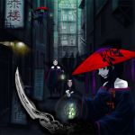  alley bad_id black_hair building cat fox_mask hat lamp magic mask multiple_girls night nighttime ninja ninjas original ozawa_tomohiro red_eyes streets sword weapon white_skin 