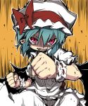  bat_wings blue_hair clenched_hands fist hat noya noya_makoto red_eyes remilia_scarlet shaded_face short_hair slit_pupils solo touhou watch wings wrist_cuffs wristwatch 