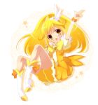  1girl arm_up bad_id bike_shorts blonde_hair boots bow cure_peace dress highres kise_yayoi long_hair magical_girl nono_(noxno) precure ribbon shorts_under_skirt skirt smile_precure! solo white_background wrist_cuffs yellow yellow_bike_shorts yellow_dress 