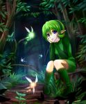  1girl blue_eyes boots fairy forest green_hair hairband hands_on_own_cheeks hands_on_own_face long_sleeves nature nintendo ocarina_of_time pointy_ears saria short_hair shorts sitting solo the_legend_of_zelda tree tree_stump youzu 