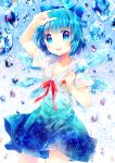  :d \m/ adapted_costume blue blue_eyes blue_hair bow cirno collarbone dress fang hair_bow holding ice ice_wings lace looking_at_viewer microphone musical_note namie-kun open_mouth ribbon short_dress short_hair short_sleeves smile solo touhou v-neck wings 