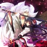  1girl animal_ears black_hair blue_eyes cherry_blossoms fingerless_gloves flower fox_ears fox_tail gloves hair_flower hair_ornament heterochromia horns inu_x_boku_ss katana kishichi long_hair looking_at_viewer looking_back miketsukami_soushi multiple_tails parted_lips petals polearm purple_eyes shirakiin_ririchiyo silver_hair sword tail violet_eyes weapon yellow_eyes 