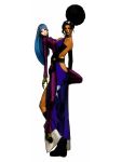  asymmetrical_docking bare_back big_hair black_hair blue_hair blue_lipstick bodysuit breast_press breasts concept_art dark_skin diana_(kof) dress elbow_gloves gloves goggles goggles_on_head halterneck height_difference king_of_fighters king_of_fighters_2001 kula_diamond lipstick makeup multiple_girls nona official_art side_slit snk waist_hold 