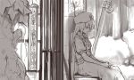  frilled_sleeves gate greyscale hands_together hat hong_meiling long_hair monochrome nature rough shiba_murashouji short_sleeves sitting skirt sleeping solo spot_color touhou very_long_hair wall 