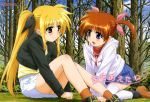  2girls absurdres blonde_hair blue_eyes blush brown_hair casual cloud fate_testarossa fukuta_naoyuki highres katahira_shinji kneeling legs long_hair lyrical_nanoha mahou_shoujo_lyrical_nanoha mahou_shoujo_lyrical_nanoha_a&#039;s mahou_shoujo_lyrical_nanoha_the_movie_2nd_a&#039;s multiple_girls official_art okuda_yasuhiro open_mouth outdoors purple_eyes red_eyes shinjyou_hotaru short_twintails sky smile takamachi_nanoha tasaki_tomoko thigh-highs thighhighs twintails very_long_hair white_legwear zettai_ryouiki 