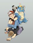  2boys anger_vein bandage bandages bandaid blastoise brown_hair bullying grey_background hat heart humiliation ookido_green ookido_green_(frlg) pikachu pokemon pokemon_(creature) pokemon_(game) pokemon_firered_and_leafgreen pokemon_frlg pokemon_rgby red_(pokemon) red_(pokemon)_(remake) red_eyes sitting wristband zukki_(suzukio) 