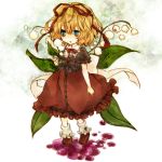  blonde_hair blue_eyes bow dress flower full_body hair_ribbon koura_higure lily_of_the_valley medicine_melancholy open_mouth puddle ribbon short_hair solo touhou 