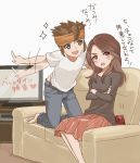  1girl adult blush brown_eyes brown_hair couch couple crossed_arms endou_mamoru headband husband_and_wife inazuma_eleven inazuma_eleven_(series) inazuma_eleven_go jeans long_hair open_mouth pointing raimon_natsumi short_hair sitting skirt television valentine 