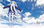  aqua_eyes blue_hair boots cloud coat grin hatsune_miku headphones kawazu long_hair outstretched_arms scarf skirt sky smile snow solo spread_arms thigh-highs thigh_boots thighhighs twintails very_long_hair vocaloid winter yuki_miku 