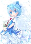  absurdres alternate_costume bad_id blue_eyes blue_hair blush bouquet bow bride cirno dress flower frills hair_bow hair_flower hair_ornament highres ice ice_wings open_mouth ribbon sakuraba_hikaru_(artist) shirt short_hair skirt solo touhou v_arms veil wings wrist_cuffs wrist_ribbon 