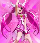  armpits bike_shorts cure_happy cure_happy_pose dress haruyama head_wings hoshizora_miyuki long_hair magical_girl open_mouth pink pink_background pink_dress pink_eyes pink_hair precure shorts_under_skirt smile smile_precure! solo tiara twintails 