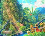  children_of_mana colorful crane_(animal) dutch_angle fern ferrick flamingo forest from_behind giant_tree height_difference highres long_hair mana_tree nature official_art outdoors plant ponytail poppen scenery seiken_densetsu square_enix tamber title_drop tree wallpaper wanderer_(children_of_mana) 