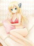  blonde_hair boku_wa_tomodachi_ga_sukunai bra breasts butterfly_hair_ornament cleavage couch green_eyes hair_ornament hairpin kashiwazaki_sena legs lingerie long_hair nikoo panties pillow red_bikini sitting smile swimsuit underwear 