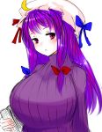  :&lt; alternate_costume book bow breasts crescent hair_bow han_(jackpot) hat huge_breasts large_breasts long_hair patchouli_knowledge pink_eyes purple_hair ribbed_sweater solo sweater touhou 