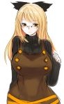  adult alternate_hairstyle bespectacled blonde_hair bow breasts dress glasses hair_bow han_(jackpot) kurodani_yamame long_hair over-rim_glasses ribbed_sweater semi-rimless_glasses smile solo sweater touhou yellow_eyes 