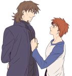  brown_hair cassock closed_eyes coat cross cross_necklace emiya_shirou eyes_closed fate/stay_night fate_(series) flat_color jewelry kotomine_kirei male mullet multiple_boys necklace raglan_sleeves red_hair redhead smile yellow_eyes zihad 