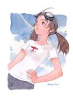  collarbone copyright_request dutch_angle face goggles goggles_on_head hand_on_hip hands hips lips looking_up signature sky smile t-shirt tanaka_kunihiko traditional_media twintails watercolor_(medium) 