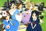  absurdres akiyama_mio alice_in_wonderland alternate_hairstyle black_hair blonde_hair braid brown_hair chess chess_piece cup dress highres hirasawa_yui horiguchi_yukiko k-on! k-on!_movie kotobuki_tsumugi macaron multiple_girls nakano_azusa official_art oversized_object saucer smile tainaka_ritsu teacup teapot twin_braids 