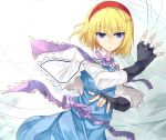  absurdres alice_margatroid bangs black_gloves blonde_hair blue_dress blue_eyes bow capelet dress fingerless_gloves gloves hairband highres jewelry kiyoichi looking_at_viewer ribbon ring sash short_hair solo string touhou 