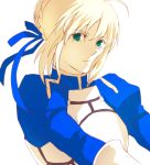  ahoge armor bad_id blonde_hair dress expressionless fate/stay_night fate_(series) green_eyes hair_ribbon puffy_sleeves ribbon saber simple_background solo sukumaraku white_background 