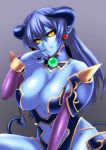  astaroth_(shinrabanshou) bad_id bare_shoulders black_sclera blue_hair blue_skin breasts cleavage demon_girl demon_horns demon_tail earrings elbow_gloves erobouzu gloves hand_on_own_face heart highres horns jewelry large_breasts long_hair looking_at_viewer navel pointy_ears shinrabanshou simple_background smile solo tail yellow_eyes 
