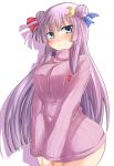 blue_eyes blush bottomless breasts double_bun hair_ribbon hands_together long_hair naked_sweater no_hat no_headwear no_pants patchouli_knowledge purple_hair ram_hachimin ribbed_sweater ribbon silhouette simple_background solo sweater sweater_dress touhou wide_hips 