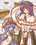  blue_hair bow child cloud dress food frills fruit hat hat_bow hat_ribbon hinanawi_tenshi long_hair multiple_girls musical_note nagae_iku open_mouth outstretched_arms peach purple_hair red_eyes ribbon shawl smile touhou young ys_(ytoskyoku-57) 