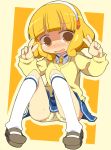  blonde_hair blush cardigan double_v embarrassed hairband highres kise_yayoi kneehighs loafers panties pantyshot pantyshot_(sitting) pantyshot_sitting poshan precure school_uniform shoes short_hair sitting smile_precure! solo tears underwear v white_legwear yellow yellow_background yellow_eyes yellow_panties 