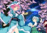  cherry_blossoms chorin fan folding_fan hat japanese_clothes katana kimono konpaku_youmu konpaku_youmu_(ghost) lantern multiple_girls petals pink_hair saigyouji_yuyuko short_hair silver_hair sword touhou triangular_headpiece weapon 