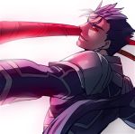  blue_hair close-up fate/stay_night fate_(series) lancer long_hair male polearm ponytail red_eyes solo spear weapon zihad 