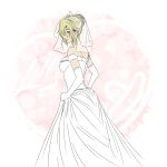  adult alternate_hairstyle bare_shoulders blonde_hair blue_eyes braid bridal_veil bride drawfag dress elbow_gloves flower gloves hair_bun hair_flower hair_ornament hairclip highres katawa_shoujo light_smile long_hair satou_lilly skirt_hold solo strapless_dress veil wedding_dress white_dress white_gloves 