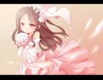  bare_shoulders blush bouquet brown_eyes brown_hair dress flower inazuma_eleven inazuma_eleven_(series) inazuma_eleven_go letterboxed long_hair raimon_natsumi saru smile solo tears wedding_dress 