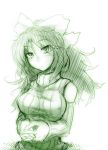  bare_shoulders bow breasts bust detached_sleeves erect_nipples green hair_bow head_tilt interlocked_fingers kazetto large_breasts long_hair looking_at_viewer messy_hair monochrome no_wings reiuji_utsuho ribbed_sweater solo sweater taut_shirt touhou 