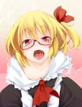  ascot bespectacled blonde_hair collarbone down_blouse dress face fang glasses hair_ribbon half_rim_glasses heart ichiju long_sleeves looking_at_viewer off_shoulder ogami_kazuki open_mouth red-framed_glasses red_eyes ribbon rumia saliva semi-rimless_glasses short_hair solo teeth the_embodiment_of_scarlet_devil touhou under-rim_glasses youkai 