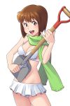  bikini bikini_skirt bottle_opener breasts brown_eyes brown_hair cleavage hagiwara_yukiho highres idolmaster looking_at_viewer navel open_mouth pinky_out sat scarf short_hair shovel solo swimsuit unconventional_guitar white_bikini worktool 