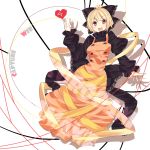  blonde_hair blush bow brown_eyes dress hair_bow heart highres kurodani_yamame nmaaaaa open_mouth ponytail red_eyes red_string ribbon short_hair simple_background smile solo string touhou 