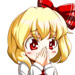  blonde_hair blush_stickers covering covering_face covering_mouth face roco_(katsuya1011) rumia short_hair simple_background solo the_embodiment_of_scarlet_devil too_low_salary touhou youkai 