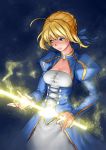  ahoge blonde_hair breasts cleavage cleavage_cutout delta_zone dress excalibur fate/stay_night fate_(series) glowing green_eyes hair_ribbon highres ribbon saber solo sword weapon 